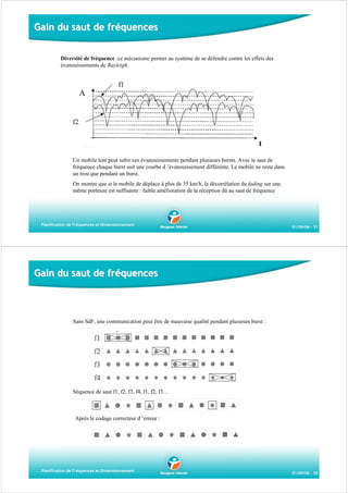 Gain du saut de fréquences
Diversité de fréquence :ce mécanisme permet au système de se défendre contre les effets des
évanouissements de Rayleigh.

Un mobile lent peut subir ces évanouissements pendant plusieurs bursts. Avec le saut de
fréquence chaque burst suit une courbe d ’évanouissement différente. Le mobile ne reste dans
un trou que pendant un burst.
On montre que si le mobile de déplace à plus de 35 km/h, la décorrélation du fading sur une
même porteuse est suffisante : faible amélioration de la réception dû au saut de fréquence

Planification de Fréquences et Dimensionnement

01/09/06 - 51

Gain du saut de fréquences

Sans SdF, une communication peut être de mauvaise qualité pendant plusieurs burst :

Séquence de saut f1, f2, f3, f4, f1, f2, f3…

Après le codage correcteur d ’erreur :

Planification de Fréquences et Dimensionnement

01/09/06 - 52

 