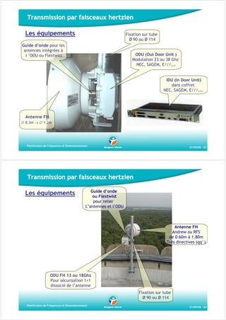 Transmission par faisceaux hertzien
Les équipements

Fixation sur tube
Ø 90 ou Ø 114

Guide d’onde pour les
antennes intégrées à
l ’ODU ou Flextwist

ODU (Out Door Unit )
Modulation 23 ou 38 Ghz
NEC, SAGEM, E///,…

IDU (In Door Unit)
dans coffret
NEC, SAGEM, E///,…

Antenne FH
∅ 0.3m → ∅ 1.2m

Planification de Fréquences et Dimensionnement

01/09/06 - 83

Transmission par faisceaux hertzien
Les équipements

Guide d’onde
ou Flextwist
pour relier
L’antennes et l’ODU

Antenne FH
Andrew ou RFS
de 0.60m à 1.80m
Très directives (qq°)

ODU FH 13 ou 18Ghz
Pour sécurisation 1+1
dissocié de l’antenne
Fixation sur tube
Ø 90 ou Ø 114
Planification de Fréquences et Dimensionnement

01/09/06 - 84

 