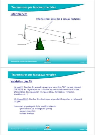 Transmission par faisceaux hertzien
Interférences
Interférences entre les 2 canaux hertziens

Planification de Fréquences et Dimensionnement

01/09/06 - 89

Transmission par faisceaux hertzien
Validation des FH
La qualité: Nombre de secondes gravement erronées (SGE) mesuré pendant
une heure. La dégradation de la qualité est une conséquence directe des
phénomènes de propagation en espace libre. (Réfraction, réflexion,
interférence...)
L'indisponibilité: Nombre de minutes par an pendant lesquelles la liaison est
coupée.
Les causes se partagent de la manière suivante :
- phénomènes de propagation (pluie)
- pannes matériels
- causes diverses

Planification de Fréquences et Dimensionnement

01/09/06 - 90

 