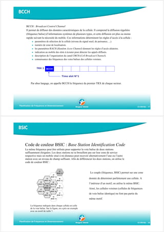 BCCH
BCCH : Broadcast Control Channel
Il permet de diffuser des données caractéristiques de la cellule. Il comprend la diffusion régulière
(fréquence balise) d’informations systèmes de plusieurs types, et cette diffusion est plus ou moins
rapide suivant la nécessité du mobile. Ces informations déterminent les règles d’accès à la cellule :
paramètres de sélection de la cellule (niveau du signal seuil, de puissance, ...).
numéro de zone de localisation.
les paramètres RACH (Random Acess Channel) donnent les règles d’accès aléatoire.
indication au mobile des slots à écouter pour détecter les appels diffusés.
description de l’organisation du canal CBCH (Cell Broadcast Channel).
connaissance des fréquences des voies balises des cellules voisines.
TRX 1 BCCH
Time slot N°1

Par abus langage, on appelle BCCH la fréquence du premier TRX de chaque secteur.

Planification de Fréquences et Dimensionnement

01/09/06 - 17

BSIC

Code de couleur BSIC : Base Station Identification Code
La même fréquence peut être utilisée pour supporter la voie balise de deux stations
suffisamment éloignées. Les deux stations ne se brouillent pas sur leur zone de service
respective mais un mobile situé à mi-distance peut recevoir alternativement l’une ou l’autre
station avec un niveau de champ suffisant. Afin de différencier les deux stations, on utilise le
code de couleur BSIC :

f1
BSIC=2
f7
BSIC=2
f3
BSIC=0
f2
BSIC=0

f6
BSIC=2
f4
BSIC=0

f1
BSIC=0
f7
BSIC=0

donnée de déterminer parfaitement une cellule. A
l’intérieur d’un motif, on utilise le même BSIC.

f2
BSIC=1
f5
BSIC=0

f6
BSIC=0

Le couple (fréquence, BSIC) permet sur une zone

f7
BSIC=1
f3
BSIC=4

Ainsi, les cellules voisines (cellules de fréquences
de voie balise identique) ne font pas partie du
même motif.

La fréquence indiquée dans chaque cellule est celle
de la voie balise. Sur la figure, on a pris un exemple
avec un motif de taille 7.

Planification de Fréquences et Dimensionnement

01/09/06 - 18

 