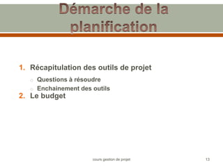 1. Récapitulation des outils de projet
o Questions à résoudre
o Enchainement des outils
2. Le budget
13
cours gestion de projet
 