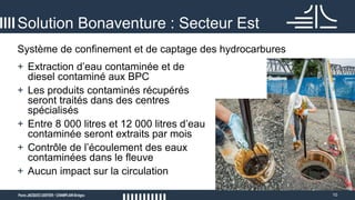 10
Système de confinement et de captage des hydrocarbures
Solution Bonaventure : Secteur Est
+ Extraction d’eau contaminée et de
diesel contaminé aux BPC
+ Les produits contaminés récupérés
seront traités dans des centres
spécialisés
+ Entre 8 000 litres et 12 000 litres d’eau
contaminée seront extraits par mois
+ Contrôle de l’écoulement des eaux
contaminées dans le fleuve
+ Aucun impact sur la circulation
 