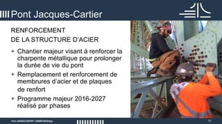 12
RENFORCEMENT
DE LA STRUCTURE D’ACIER
Pont Jacques-Cartier
+ Chantier majeur visant à renforcer la
charpente métallique pour prolonger
la durée de vie du pont
+ Remplacement et renforcement de
membrures d’acier et de plaques
de renfort
+ Programme majeur 2016-2027
réalisé par phases
 
