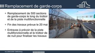 21
Remplacement de garde-corps
+ Remplacement de 500 sections
de garde-corps le long du trottoir
et de la piste multifonctionnelle
+ Fin des travaux prévue le 20 mai
+ Entraves à prévoir de la piste
multifonctionnelle et le trottoir de
de nuit pour finaliser les travaux
À PRÉVOIR
+ week-ends
 