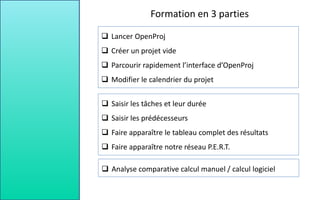 Formation en 3 parties
 Lancer OpenProj
 Créer un projet vide
 Parcourir rapidement l’interface d’OpenProj
 Modifier le calendrier du projet
 Saisir les tâches et leur durée
 Saisir les prédécesseurs
 Faire apparaître le tableau complet des résultats
 Faire apparaître notre réseau P.E.R.T.
 Analyse comparative calcul manuel / calcul logiciel
 