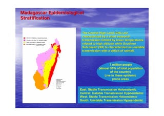 Madagascar EpidemiologicalMadagascar Epidemiological
StratificationStratification
The Central High Land (CHL) areThe Central High Land (CHL) are
characterized by a short seasonalcharacterized by a short seasonal
transmission limited by lower temperaturestransmission limited by lower temperatures
related to high altitude while Southernrelated to high altitude while Southern
Sub desert (SS) Is characterized as unstableSub desert (SS) Is characterized as unstable
transmission with a deficit of rainfall.transmission with a deficit of rainfall.
7 million people
(almost 50% of total population
of the country)
Live in these epidemic
prone areas
East: Stable Transmission Holoendemic
Central: Instable Transmission Hypoendemic
West: Stable Transmission Holoendemic
South: Unstable Transmission Hypoendemic
 