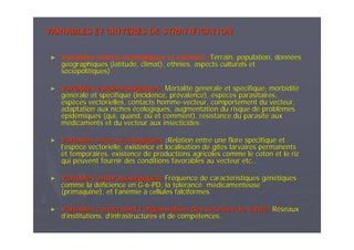 VARIABLES ET CRITVARIABLES ET CRITÈÈRES DE STRATIFICATIONRES DE STRATIFICATION
► Variables macro-écologiques et sociales :Terrain, population, donnTerrain, population, donnééeses
ggééographiques (latitude, climat), ethnies, aspects culturels etographiques (latitude, climat), ethnies, aspects culturels et
sociopolitiques)sociopolitiques)
►► VariablesVariables éépidpidéémiologiques :miologiques :MortalitMortalitéé ggéénnéérale et sprale et spéécifique, morbiditcifique, morbiditéé
ggéénnéérale et sprale et spéécifique (incidence, prcifique (incidence, préévalence), espvalence), espèèces parasitaires,ces parasitaires,
espespèèces vectorielles, contactsces vectorielles, contacts hommehomme--vecteurvecteur, comportement du vecteur,, comportement du vecteur,
adaptation aux nichesadaptation aux niches éécologiques, augmentation du risque de problcologiques, augmentation du risque de problèèmesmes
éépidpidéémiques (qui, quand, omiques (qui, quand, oùù et comment), ret comment), réésistance du parasite auxsistance du parasite aux
mméédicaments et du vecteur aux insecticides.dicaments et du vecteur aux insecticides.
►► VariablesVariables micromicro--éécologiquescologiques ::Relation entre une flore spRelation entre une flore spéécifique etcifique et
ll’’espespèèce vectorielle, existence et localisation de gce vectorielle, existence et localisation de gîîtes larvaires permanentstes larvaires permanents
et temporaires, existence de productions agricoles comme le cotoet temporaires, existence de productions agricoles comme le coton et le rizn et le riz
qui peuvent fournir des conditions favorables au vecteurqui peuvent fournir des conditions favorables au vecteur etcetc……
►► Variables anthropologiques:Variables anthropologiques: FrFrééquence de caractquence de caractééristiques gristiques géénnéétiquestiques
comme la dcomme la dééficience en Gficience en G--66--PD, la tolPD, la toléérance mrance méédicamenteusedicamenteuse
((primaquineprimaquine), et l), et l’’ananéémiemie àà cellules falciformes.cellules falciformes.
►► Variables concernant lVariables concernant l’’organisation des services de santorganisation des services de santéé:: RRééseauxseaux
dd’’institutions, dinstitutions, d’’infrastructures et de compinfrastructures et de compéétences.tences.
 
