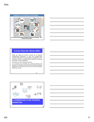 330a
330 11
31327
ANALYSER DE LA SITUATION ET DES BESOINS
2.2-Les choix des clients-cibles
Éclairé par l’étude du marché et guidé par les objectifs
précédemment déterminés, le choix des clientèles-cibles
consiste à sélectionner les sous-groupes de la population ou des
entreprises, clients ou prospects auprès desquelles l’entreprise
désire avoir une action spécifique.
Ainsi définie, la cible marketing consiste en :
Un ou plusieurs sous-ensembles du marché des acheteurs des
produits non utilisateurs c’est-à-dire d’intermédiaires participant
directement à l’acte d’achat, mais dans le but d’une utilisation
différée par les tiers.
32
3. ÉLABORATION D’UNE STRATÉGIE
MARKETING
33
 