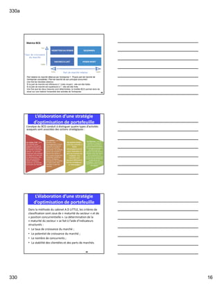 330a
330 16
Matrice BCG
46
Part relative du marché détenue par l’entreprise = Propre part de marché de
l’entreprise considérée / Part de marché de son principal concurrent
Une fois les résultats obtenus :
Si la part de marché est inférieure à 1 (ratio moyen) : elle est dite faible.
Si la part de marché est supérieure à 1 : elle est dite forte.
Une fois que les deux mesures sont déterminées, le modèle BCG permet alors de
situer sur une matrice l’ensemble des activités de l’entreprise.
L’élaboration d’une stratégie
d’optimisation de portefeuille
L’analyse du BCG conduit à distinguer quatre types d’activités
auxquels sont associées des actions stratégiques :
47
Les vaches à lait : sont
des activités pour
lesquelles l’entreprise
détient une forte part
de marché à croissance
ralentie. Ces activités
recouvrent des produits
au stade de la maturité
ou vieillissement, elles
sont très profitables
(action stratégique :
conserver ces activités
et les parts de marché) ;
Les vedettes : sont des
activités à fort
développement et pour
lesquelles l’entreprise
détient une position
dominante. Ces produits
jeunes ont vocation à
devenir des vaches à
lait, surtout lorsque leur
rentabilité s’améliore
(action stratégique :
transformer les vedettes
en vache à lait, donc
maintenir la part de
marché) ;
Les points morts :
sont des activités à
faible
développement et
pour lesquelles la
part de marché est
modeste. Ces
activités sont
souvent déficitaires
(action stratégique :
se désengager)
Les dilemmes : sont des
activités en croissance
mais pour lesquelles la
part de marché est faible.
Si l’entreprise parvient à
accroître la part de
marché, l’activité devient
vedette, sinon elle risque
de se transformer en
points mort à mesure que
le cycle de vie de l’activité
se déroule (action
stratégique : soit accroître
la part de marché, soit se
désengager)
L’élaboration d’une stratégie
d’optimisation de portefeuille
Dans la méthode du cabinet A.D LITTLE, les critères de
classification sont ceux de « maturité du secteur » et de
« position concurrentielle ». La détermination de la
« maturité du secteur » se fait à l’aide d’indicateurs
structurels :
• Le taux de croissance du marché ;
• Le potentiel de croissance du marché ;
• Le nombre de concurrents ;
• La stabilité des clientèles et des parts de marchés.
48
 