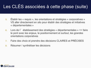 Les CLÉS associées à cette phase (suite)
5. Établir les « requis », les orientations et stratégies « corporatives »
VS aller directement en silo pour établir des stratégies et initiatives
« départementales »
6. Lors de l’établissement des stratégies « départementales » => faire
le pont avec les enjeux, le positionnement et surtout, les grandes
orientations corporatives
7. Faire des choix et prendre des décisions CLAIRES et PRÉCISES
8. Résumer / synthétiser les décisions
 