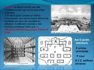 Fourrier le décrit comme une ville
miniature ou les rues seront couvertes
(galeries).
Il le décrit aussi comme un édifice
monumental, une communauté idéal en la
modelant sur ceux de versailles,en
affectant le bâtiment centrale a des
fonctions publiques telles que :le
refectoire,bibliothéque,jardin d’hiver et
d’étè ...
Aet O jardin
interieursA
O
E
E entree
principale
P cour
S,Y,Z edifices
annexes
p
x
y
 