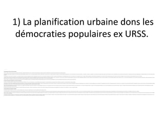 1) La planification urbaine dons les
démocraties populaires ex URSS.
 
Le 01/06/2007 
Une planification urbaine reconnue mais décalée
Fortement inspiré du mouvement moderne et des concepts de ville socialiste, le système de développement urbain –dans lequel s’inscrit cette politique du logement– s’approprie successivement les concepts de ville fonctionnelle et de mixité urbaine et sociale.
Les premières grandes résidences construites sont en effet des zones strictement dédiées au logement, comme la ville nouvelle de Salaspils, créée dans les années 1950 à 15 km de Riga, entre un barrage hydraulique et des instituts de recherche scientifique. Apparaît ensuite, à la fin des années 1950, sous influence de l’Occident, le « mikrorajons» (voir photo 2 du reportage). C’est un îlot autonome et équipé, alliant proximité et mixité des fonctions, d’environ 10.000 habitants, lié à une activité économique donnée, et qui s’imposera dès lors dans toutes les agglomérations [3] (Agenskalna Priedes en est le premier exemple à Riga 
vers 1960). 
Le développement de Riga doit retenir notre attention. Les immeubles d’habitation sont relativement épargnés par la guerre et l’agglomération devient très vite un pôle important de développement de l’URSS: sa population de 500.000 habitants en 1950 dépasse largement celle de 1935. Cependant, le peu de logements construits, au regard de l’afflux démographique, impose rapidement les appartements communautaires (la surface de logement produite durant la période de reconstruction représente en 1955 seulement 5% des surfaces habitables) (voir photo 3 du reportage). 
L’expansion urbaine concentrique de Riga répond ensuite aux phases politiques et économiques de l’URSS, selon les plans de développement de 1955 et 1969. Reconnue parfois comme exemplaire (cohérente, dense, en continuité avec la vieille ville), cette croissance est cependant démesurée à l’échelle de la Lettonie (l’agglomération possède encore aujourd’hui presque dix fois plus d’habitants que la seconde ville du pays, Daugavpils), et le nombre d’habitants dépasse souvent les objectifs du plan [4]. Le dernier plan de développement de la ville de 1984 et les évolutions des années 1980, au-delà de l’augmentation de la surface 
habitable jusqu’à 20m2 par personne en 1990 (prise en compte des désirs des habitants, développement du commerce comme à Moscou) seront en revanche à peine mis en œuvre du fait de la perestroïka. 
Aujourd’hui à Riga, la zone d’habitat dense d’environ 80 km2 se décompose en 25 km2 d’urbanisation ancienne, 30 km2 de grands ensembles de la période soviétique (soit plus de la moitié des surfaces habitables), et 25 km2 de zone d’habitat individuel périurbain (construit avant 1962 ou après 1985). 
Un système d’attribution du logement au service de la soviétisation
Encore plus que l’autorité du système d’aménagement du territoire et de production d’habitat, c’est la mise en place progressive –au gré des différentes phases d’occupation– d’un système d’aliénation de la population civile par l’attribution du logement qui a marqué durablement la Lettonie soviétique.
L’immigration, en 45 ans, d’au moins 700.000 personnes auprès d’une population de 1,5 million (en 1945), affaiblie et en mal d’accroissement naturel [6], aboutit en 1989 à la proportion de 42% de «Russes» en Lettonie. Ces migrants sont ouvriers, ingénieurs ou militaires, attirés par le développement industriel et la relative facilité à trouver un logement. Leur arrivée est justifiée alors par la reconstruction et le repeuplement, et se fait dans un contexte global d’exode rural. Néanmoins, avec l’imposition du russe comme langue administrative, le démarrage du tourisme en 1956 (Jurmala est l’une des stations balnéaires soviétiques 
les plus réputées), la purge du Parti en 1959 et l’ampleur des migrations, il est clair que la soviétisation passe par la russification massive de la société.
Dans le contexte des listes d’attente pour l’attribution d’un logement, c’est un plafond de surface habitable qui donne droit au relogement. Or le plafond appliqué à la Lettonie est l’un des plus faibles de l’Union (5,2 m2 par personne en Lettonie en 1990) alors que la surface habitable par habitant est une des plus élevées [7], ce qui renforce l’impossibilité d’acquérir un logement neuf pour les populations résidentes et leur maintien dans des appartements communautaires. Par ailleurs, la création de  mikrorajons (évolution faite après que les dirigeants lettons ont été écartés du pouvoir) et le relatif développement de la région 
sédentarisent à grande échelle les nouveaux arrivants. 
Le régime de faveur accordé aux arrivants (par leur précarité ou leur statut d’invalide de guerre, de soldat, de militant ou leurs passe-droits…) amène donc à partir de 1960, et malgré le principe socialiste d’absence de ségrégation sociale, la création au moins symbolique d’un «entre-soi» russophone privilégié. 
Les particularités de la privatisation en Lettonie
La privatisation s’opère donc aujourd’hui à la fois sur un patrimoine stigmatisé, dans un contexte social complexe et dans un mouvement plébiscité de retour à l’habitat individuel. 
D’une manière générale, de nombreux logements sont abandonnés du fait de l’émigration (10% de la population a quitté le pays depuis 1991, voir photo 4 du reportage) et les appartements communautaires disparaissent (les superficies habitables par personne retrouvent enfin leur niveau d’avant-guerre à Riga). En milieu rural, le cas est relativement spécifique à la Lettonie: les kolkhozes disparaissent des cartes officielles (par exemple Lacplesis), l’habitat dispersé et les restes de parcellisation servent de substrat à la re-privatisation de l’agriculture et du logement.
Aujourd’hui à Riga, l’instauration d’un marché de l’immobilier donne à la majorité des logements construits entre 1945 et 1989 une valeur qui dépend principalement de leur qualité et de leur emplacement. Néanmoins la carte des prix intègre d’autres critères. D’une part, la petite taille du centre (moins de 10% de la population), et sa protection (UNESCO, 1997) renforcent sa valeur et sa gentrification. D’autre part, la désertion de certaines constructions les a exclues pour le moment de la privatisation et de la réhabilitation, comme les immeubles staliniens, ou encore les anciens quartiers militaires aujourd’hui zones de relégation 
sociale (voir photo 5 du reportage).
Les ensembles immobiliers sont aujourd’hui une des traces les plus visibles des 45 années d’occupation soviétique. Par la planification autoritaire et la distribution inégalitaire dont ils ont fait l’objet, ils cristallisent un certain nombre de symboles de cette occupation. Leur instrumentalisation dans le processus de colonisation explique leur mauvaise image ainsi que le regain d’intérêt actuel pour les constructions rejetées par la politique de l’époque (logements individuels ou anciens). Et, malgré la lenteur de la privatisation, l’originalité et le relatif intérêt de cet héritage urbain et social disparaissent un peu plus chaque jour au nom 
du gommage des traces de la soviétisation, que l’on peut déceler aujourd’hui dans la périurbanisation ainsi que dans l’apparition de nouvelles formes de ségrégation sociale. 
*
 