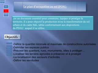 Le plan d’occupation au sol [POS] :
est un document essentiel pour construire, équiper et protéger le
territoire. Il a pour objectif la production et/ou la transformation du sol
urbain et du cadre bâti, tablai conformément aux dispositions
du PDAU auquel il se réfère.
Objectifs :
-Définir la quantité minimale et maximale de constructions autorisées
-Délimiter les espaces publics
-Préciser les quartiers, rues, monuments, sites à protéger…
-Localiser les terrains agricoles à préserver et à protéger
-La localisation des secteurs d’activités
-Définir les servitudes
1)Urbanism
réglementair
e
PDAU
POS
REGLES
GENERALE
S
 