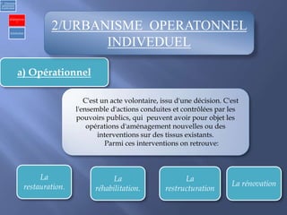 a) Opérationnel
C'est un acte volontaire, issu d'une décision. C'est
l'ensemble d'actions conduites et contrôlées par les
pouvoirs publics, qui peuvent avoir pour objet les
opérations d'aménagement nouvelles ou des
interventions sur des tissus existants.
Parmi ces interventions on retrouve:
La
restauration.
La
restructuration
La rénovation
La
réhabilitation.
2) Urbanisme
opérationnel
et individuel
a)Opérationne
l
b) Individuel
2/URBANISME OPERATONNEL
INDIVEDUEL
 