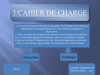 3/CAHIER DE CHARGE
Financière Technique
_ C’est un document initié par le ministère de l’habitat ou on retrouve
différentes recommandations avec des offres techniques et
financières.
_ Dans ce cahier de charge on ne retrouve pas d’espaces non bâti ou
il n y’a des aménagements extérieurs, dans ce cas parfois le maitre
d’œuvre est dans l’obligation de faire des aménagements extérieurs.
_ Pour ce qui est des espaces bâti : les matériaux de constructions.
Devie
Croquis, esquisses, di
fférents plans ….etc.
 