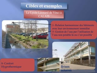 Cibles et exemples
Le Lycée Léonard de Vinci à
CALAIS
1- Relation harmonieuse des bâtiments
avec leur environnement immédiat
5- Gestion de l’eau par l’utilisation de
l’eau non potable là ou c’est possible.
8- Confort
Hygrothermique Brises
solaires
 