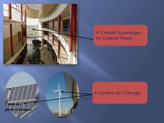 9- Confort Acoustique
10- Confort Visuel
4- Gestion de l ’énergie
Panneaux
photovoltaïques
 