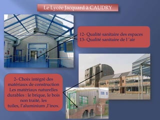 Le Lycée Jacquard à CAUDRY
12- Qualité sanitaire des espaces
13- Qualité sanitaire de l ’air
2- Choix intégré des
matériaux de construction
Les matériaux naturelles
durables : le brique, le bois
non traité, les
tuiles, l’aluminium ,l’inox.
 