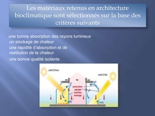 Les matériaux retenus en architecture
bioclimatique sont sélectionnés sur la base des
critères suivants
une bonne absorption des rayons lumineux
un stockage de chaleur
une rapidité d’absorption et de
restitution de la chaleur
une bonne qualité isolante
 