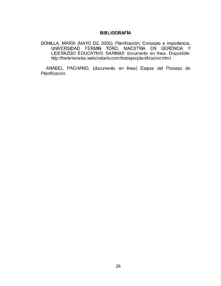 26
BIBLIOGRAFÍA
BONILLA, MARÍA (MAYO DE 2006), Planificación: Concepto e importancia,
UNIVERSIDAD FERMIN TORO. MAESTRIA EN GERENCIA Y
LIDERAZGO EDUCATIVO. BARINAS documento en línea. Disponible:
http://frankmorales.webcindario.com/trabajos/planificacion.html
ANABEL PACHANO, (documento en línea) Etapas del Proceso de
Planificación.
 