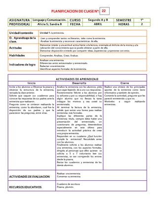 PLANIFICACION DE CLASEN°:
ASIGNATURA Lenguaje y Comunicación. CURSO Segundo A y B SEMESTRE 1°
PROFESOR(A) Alicia S; Sandra B FECHA ABRIL HORAS 2
Unidad/contenido Unidad 1. Laentrevista.
O. Aprendizaje de la
clase.
-Leer y comprender textos no literarios, tales como la entrevista.
-Analizar la entrevista y reconocer características de ella.
Actitudes
Demostrar interés y unaactitud activa frente a la lectura, orientada al disfrute de la misma y a la
valoración del conocimiento que se puede obtener a partir de ella.
Demostrar disposición e interés por compartir ideas, experiencias y opiniones con otros.
Habilidades Comprender, Analizar, Crear, Evaluar.
Indicadores de logro
Analizan una entrevista.
Diferencian entre entrevistador y entrevistado.
Redactan unaentrevista.
Identifican aspectos formales de la entrevista.
ACTIVIDADES DE APRENDIZAJE
Inicio Desarrollo Cierre
Invite a los alumnos a Observar la pizarra y
observar la estructura de la entrevista,
revisada la clase anterior.
Solicite que saquen sus cuadernos para
conocer las respuestas de sus padres ante la
entrevista que realizaron.
Pregunte como se sintieron realizando la
entrevista, como la abordaron, cual fue la
disposición de sus padres y que le
parecieron las preguntas, entre otras.
Analice la entrevista con los alumnos, pida
que vayan leyendo de a uno sus respuestas.
Posteriormente felicite a los alumnos por
su esfuerzo y por su responsabilidad, si hay
algún alumno que no llevara la tarea
indague los motivos y sea usted su
entrevistada.
Al terminar la lectura de la entrevista,
señale que existe una forma para realizar
entrevistas más formales.
Explique las diferentes partes de la
entrevista: título, siempre debe haber una
presentación del entrevistado, un
cuestionario de preguntas, deteniéndose
especialmente en este último para
introducir la actividad práctica de crear
una propia entrevista.
Responden en su cuaderno ¿Qué función
cumple la entrevista?. Recuérdelo antes
con los alumnos.
Finalmente solicite a los alumnos realizar
una entrevista, con los aspectos formales,
dirigida al personaje que ellos quieran se
solicita a 5 o 7 voluntarios leer sus
entrevistas, se van corrigiendo los errores
desde la pizarra.
Revise los cuadernos y entrevistas de los
demás alumnos.
Realice una síntesis de los principales
aportes de la entrevista como texto
informativo y también de opinión.
Comente la actividad, pregunte que les
pareció entretenido y que no.
Motívelos a seguir realizando
entrevistas.
ACTIVIDADES DE EVALUACION
Realizar una entrevista.
Comentar su entrevista
RECURSOS EDUCATIVOS
Cuaderno de escritura
Pizarra, plumón.
22
 