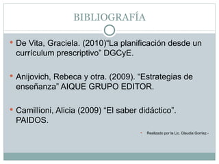 BIBLIOGRAFÍA

 De Vita, Graciela. (2010)“La planificación desde un
 currículum prescriptivo” DGCyE.

 Anijovich, Rebeca y otra. (2009). “Estrategias de
 enseñanza” AIQUE GRUPO EDITOR.

 Camillioni, Alicia (2009) “El saber didáctico”.
 PAIDOS.
                                         Realizado por la Lic. Claudia Gorriez.-
 