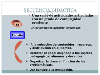 SECUENCIA DIDÁCTICA
             Una serie de actividades articuladas
             con un grado de complejidad
             creciente
  ES
             Intervenciones docente vinculadas:

Permite


           A la selección de contenidos , recursos,
            y distribución en el tiempo.
           Detectar el papel asignado a los sujetos
            pedagógicos: alumnos y docentes.
           Organizar la clase en función de las
            problemáticas.
           Dar sentido a la evaluación.
 