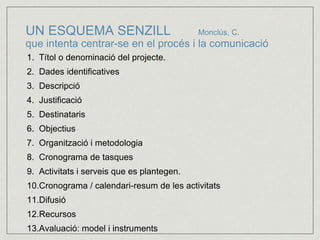 UN ESQUEMA SENZILL Monclús, C. 
que intenta centrar-se en el procés i la comunicació 
1. Títol o denominació del projecte. 
2. Dades identificatives 
3. Descripció 
4. Justificació 
5. Destinataris 
6. Objectius 
7. Organització i metodologia 
8. Cronograma de tasques 
9. Activitats i serveis que es plantegen. 
10.Cronograma / calendari-resum de les activitats 
11.Difusió 
12.Recursos 
13.Avaluació: model i instruments 
 
