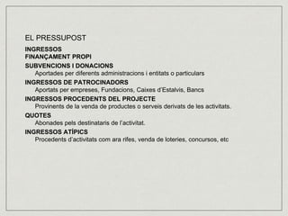 EL PRESSUPOST 
INGRESSOS 
FINANÇAMENT PROPI 
SUBVENCIONS I DONACIONS 
Aportades per diferents administracions i entitats o particulars 
INGRESSOS DE PATROCINADORS 
Aportats per empreses, Fundacions, Caixes d’Estalvis, Bancs 
INGRESSOS PROCEDENTS DEL PROJECTE 
Provinents de la venda de productes o serveis derivats de les activitats. 
QUOTES 
Abonades pels destinataris de l’activitat. 
INGRESSOS ATÍPICS 
Procedents d’activitats com ara rifes, venda de loteries, concursos, etc 
 