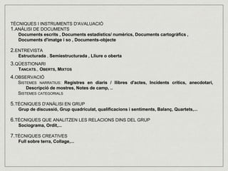 TÈCNIQUES I INSTRUMENTS D'AVALUACIÓ 
1.ANÀLISI DE DOCUMENTS 
Documents escrits , Documents estadístics/ numèrics, Documents cartogràfics , 
Documents d'imatge i so , Documents-objecte 
2.ENTREVISTA 
Estructurada , Semiestructurada , Lliure o oberta 
3.QÜESTIONARI 
TANCATS., OBERTS, MIXTOS 
4.OBSERVACIÓ 
SISTEMES NARRATIUS: Registres en diaris / llibres d'actes, Incidents crítics, anecdotari, 
Descripció de mostres, Notes de camp, .. 
SISTEMES CATEGORIALS 
5.TÈCNIQUES D'ANÀLISI EN GRUP 
Grup de discussió, Grup quadriculat, qualificacions i sentiments, Balanç, Quartets,... 
6.TÈCNIQUES QUE ANALITZEN LES RELACIONS DINS DEL GRUP 
Sociograma, Ordit,... 
7.TÈCNIQUES CREATIVES 
Full sobre terra, Collage,... 
