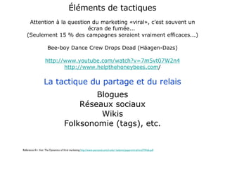 Éléments de tactiques Attention à la question du marketing «viral», c’est souvent un écran de fumée...  (Seulement 15 % des campagnes seraient vraiment efficaces...) Bee-boy Dance Crew Drops Dead (Häagen-Dazs) http://www.youtube.com/watch?v=7m5vt07W2n4 http://www.helpthehoneybees.com / La tactique du partage et du relais Blogues Réseaux sociaux Wikis Folksonomie (tags), etc. Référence A+: Voir The Dynamics of Viral marketing  http://www-personal.umich.edu/~ladamic/papers/viral/viralTWeb.pdf Guide pratique Marketing sur Facebook pour les pages de fans http://www.berlinerbrandung.de/guide_pratique/ 