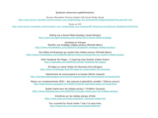 Quelques ressources supplémentaires: Burson-Marsteller Fortune Global 100 Social Media Study http://www.burson-marsteller.com/Innovation_and_insights/blogs_and_podcasts/BM_Blog/Lists/Posts/Post.aspx?ID=160 Étude en PDF http://www.burson-marsteller.com/Innovation_and_insights/blogs_and_podcasts/BM_Blog/Documents/Burson-Marsteller%202010%20Global%20Social%20Media%20Check-up%20white%20paper.pdf Rolling out a Social Media Strategy (Jacob Morgan) http://www.jmorganmarketing.com/rolling-out-a-social-media-strategy/ Synthèse en français Planifier une stratégie médias sociaux (Michelle Blanc) http://www.michelleblanc.com/2009/05/29/planifier-strategie-medias-sociaux/ Ces drôles d’entreprises qui veulent des médias sociaux (Michelle Blanc) http://www.michelleblanc.com/2008/05/28/ces-droles-d-entreprises-qui-veulent-medias-sociau/ Killer Facebook Fan Pages : 5 Inspiring Case Studies (Callan Green) http://mashable.com/2009/06/16/killer-facebook-fan-pages/ 50 Ideas on Using Twitter for Business (Chris Brogan) http://www.chrisbrogan.com/50-ideas-on-using-twitter-for-business/ Gestionnaire de communauté à la hausse (Martin Lessard) http://zeroseconde.blogspot.com/2010/01/gestionnaire-de-communaute-la-hausse.html Retour sur investissements (ROI) : des mesures à géométrie variable ? (Patrice Leroux) http://patriceleroux.blogspot.com/2009/10/olivier-blanchard-basics-of-social.html Quelle charte pour les médias sociaux ? (Frédéric Cavazza) http://www.mediassociaux.com/2009/09/22/quelle-charte-pour-les-medias-sociaux/ Directives sur les médias sociaux d’Intel http://www.intel.com/sites/sitewide/fr_FR/social-media.htm Too crunched for Social media ? Use it to save time. http://blog.holtz.com/index.php/update/2009/03/ 