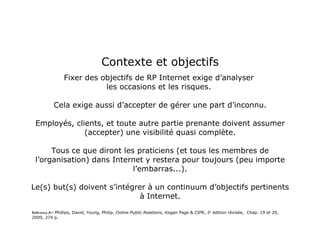 Contexte et objectifs Fixer des objectifs de RP Internet exige d’analyser  les occasions et les risques.  Cela exige aussi d’accepter de gérer une part d’inconnu. Employés, clients, et toute autre partie prenante doivent assumer (accepter) une visibilité quasi complète. Tout ce que diront les praticiens (et tous les membres de l’organisation) dans Internet y restera pour toujours (peu importe l’embarras...). Le(s) but(s) doivent s’intégrer à un continuum d’objectifs pertinents à Internet. Référence A+:  Phillips, David, Young, Philip,  Online Public Relations , Kogan Page & CIPR, 2 e  édition révisée,  Chap. 19 et 20, 2009, 274 p. 