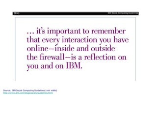 Source: IBM Social Computing Guidelines (voir vidéo) http://www.ibm.com/blogs/zz/en/guidelines.html 