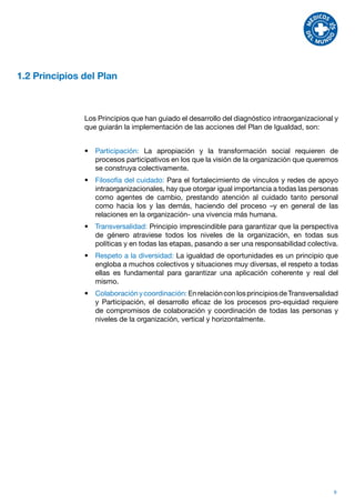 1.2 Principios del Plan



               Los Principios que han guiado el desarrollo del diagnóstico intraorganizacional y
               que guiarán la implementación de las acciones del Plan de Igualdad, son:


               •	 Participación: La apropiación y la transformación social requieren de
                  procesos participativos en los que la visión de la organización que queremos
                  se construya colectivamente.
               •	 Filosofía del cuidado: Para el fortalecimiento de vínculos y redes de apoyo
                  intraorganizacionales, hay que otorgar igual importancia a todas las personas
                  como agentes de cambio, prestando atención al cuidado tanto personal
                  como hacia los y las demás, haciendo del proceso –y en general de las
                  relaciones en la organización- una vivencia más humana.
               •	 Transversalidad: Principio imprescindible para garantizar que la perspectiva
                  de género atraviese todos los niveles de la organización, en todas sus
                  políticas y en todas las etapas, pasando a ser una responsabilidad colectiva.
               •	 Respeto a la diversidad: La igualdad de oportunidades es un principio que
                  engloba a muchos colectivos y situaciones muy diversas, el respeto a todas
                  ellas es fundamental para garantizar una aplicación coherente y real del
                  mismo.
               •	 Colaboración y coordinación: En relación con los principios de Transversalidad
                  y Participación, el desarrollo eficaz de los procesos pro-equidad requiere
                  de compromisos de colaboración y coordinación de todas las personas y
                  niveles de la organización, vertical y horizontalmente.




                                                                                              9
 