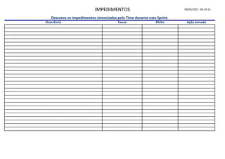 IMPEDIMENTOS                                 09/05/2011 06:10:15

   Descreva os impedimentos vivenciados pelo Time durante esta Sprint.
Ocorrência                               Causa                Efeito      Ação tomada
 