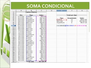 SOMA CONDICIONA L Ela é muito similar a contar condicionalmente. Em vez de contar a quantidade de ocorrências, ela procura no intervalo cada uma das ocorrências e soma os valores agregados a estas ocorrências 