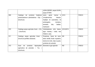 JOHN DEERE, peças KUHN,
peças STARA
069 Catalogo de produtos Implemar
pulverizadores e plantadeiras – 32p. –
(brochura)
Jacto, geral, barras e
complementos, hatsuta,
implejet, kit automático, kit
prolongador, montana,
semeato, tatu, baldan,
mantovani
2014 FISICO
070 Catalogo peças agrícolas Imam – 27p.
– (brochura)
Colheitadeiras John deere,
agco massey / ideal, new
Holland, case,
2014/2015 FISICO
071 Catalogo peças agrícolas Imam –
(brochura panfleto dobrável)
Picadores, facas de cana,
dedo retrátil, facão roçadeira,
barras de corte, clips e guias,
ponteiras de sulcador
ND FISICO
072 Guia de produtos Agrosystem
agricultura de precisão – 11p. –
(brochura)
Sensores e gps agricola ND FISICO
 