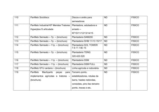 110 Panfleto Socidisco Discos e anéis para
semeadoras
ND FISICO
111 Panfleto Industrial KF Mendes Tratores
Hyperplus S articulada
Plantadora, adubadora e
arrasto –
KF10/11/12/13/14/15
ND FISICO
112 Panfleto Semeato – 7p. – (brochura) Plantadeira SAM200 ND FISICO
113 Panfleto Semeato – 7p. – (brochura) Plantadeira SHM 11/13 15/17 ND FISICO
114 Panfleto Semeato – 11p. – (brochura) Plantadeira SOL TOWER
7.9.11.13E.15
ND FISICO
115 Panfleto Semeato – 7p. – (brochura) Plantadeira TDNG
320.420.520
ND FISICO
116 Panfleto Semeato – 11p. – (brochura) Plantadeira SSM ND FISICO
117 Panfleto Semeato – 11p. – (brochura) Plantadeira SSM FULL ND FISICO
118 Panfleto STU cardans – (brochura) Linha agrícola e rodoviária ND FISICO
119 Panfleto Machparts peças para
implementos agrícolas e tratores –
(brochura)
Terceiro ponto,
estabilizadores, rotulas da
barra, hastes redondas,
conexões, pino liso terceiro
ponto, travas e etc.
ND FISICO
 