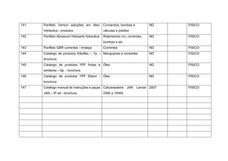 141 Panfleto Venturi soluções em óleo-
hidráulica - produtos
Comandos, bombas e
válvulas e pistões
ND FISICO
142 Panfleto Abrascort Hidrparts hidraulica Rolamentos rcc, correntes,
bombas e etc
ND FISICO
143 Panfleto GBR correntes - Imdepa Correntes ND FISICO
144 Catalogo de produtos Kikoflex – 7p. -
brochura
Mangueiras e conexões ND FISICO
145 Catalogo de produtos YPF frotas e
similares – 6p. - brochura
Óleo ND FISICO
146 Catalogo de produtos YPF Elaion -
brochura
Óleo ND FISICO
147 Catalogo manual de instruções e peças
JAN – 9ª ed - brochura
Calcareadeira JAN Lancer
2500 a 10000
2007 FISICO
 