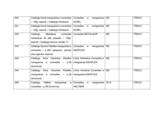 040 Catalogo Acrel mangueiras e conexões
– 146p. espiral – Catalogo Hidráulico
Conexões e mangueiras
ACREL
ND FÍSICO
041 Catalogo Acrel mangueiras e conexões
– 146p. espiral – Catalogo Hidráulico
Conexões e mangueiras
ACREL
ND FÍSICO
042 Catalogo Metalquip conexões
hidráulicas de alta pressão – 145p.
espiral – Catalogo técnico versão 11
Conexões METALQUIP ND FÍSICO
043 Catalogo técnico Kikoflex mangueiras e
conexões – p.300 (pequeno, parece
uma agenda, espiral)
Conexões e mangueiras
KIKOFLEX
ND FÍSICO
044 Catalogo linha hidráulica Kikoflex
mangueiras e conexões – p.26
(brochura)
Linha Hidráulica Conexões e
mangueiras KIKOFLEX
ND FÍSICO
045 Catalogo linha industrial Kikoflex
mangueiras e conexões – p.35
(brochura)
Linha industrial Conexões e
mangueiras KIKOFLEX
ND FÍSICO
046 Catalogo Haltbar mangueiras e
conexões – p.36 (brochura)
Conexões e mangueiras
HALTBAR
2013 FÍSICO
 