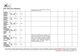 Prof. Vítor Cruz (Vampiro)
                                                             institucionais do MP (indivisibilidade, unicidade e
                                                             independência funcional).

Funções
Essenciais   à
               CF,    art.
Justiça      -             17.2      482
               131 e 132
Advocacia
Pública

Funções
Essenciais   à CF,    art.
                             17.2    484
Justiça      - 133
Advocacia

Funções
Essenciais   à
               CF,    art.
Justiça      -             17.2      484
               134 e 135
Defensoria
Pública

Defesa       do
Estado        e
Instituições
Democráticas CF,     art.
                          18         486
1 - Estado de 136 ao 141
Defesa        e
Estado       de
Sítio

                                                              Tema pouco cobrado em concursos “não-
Defesa       do                                              militares”. Assunto recorrente seria apenas o
Estado        e                                              fato de que, segundo a CF, não cabe habeas
Instituições    Art. 142 e                                   corpus contra punições militares. E também
                           19        494
Democráticas 143                                             saber que, em que pese tal disposição expressa,
2   -    Forças                                              o Judiciário a tem relativizado, permitindo a
Armadas                                                      discussão, através de habeas corpus, de
                                                             medidas flagrantemente ilegais.

Defesa       do
Estado        e CF,   art.
Instituições                 20      497
                144
Democráticas
3 - Segurança


  Este material é privativo das pessoas que colaboram para a democratização do ensino de qualidade, inscritas no site www.NOTA11.com.br. Caso você não seja um
  usuário e esteja disseminando ou tendo acesso a este resumo, saiba que esta iniciativa está contribuindo para naufragar projetos que disponibilizam um conteúdo de
                                                                                                                      qualidade por um baixo custo de aquisição. 12
 