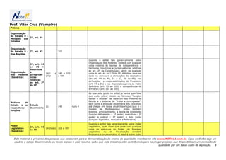 Prof. Vítor Cruz (Vampiro)
Pública

Organização
do Estado 8 -
              CF, art. 42
Militares dos
Estados


Organização
do Estado 9 - CF, art. 43            322
Das Regiões

                                                             Quando o edital fala genericamente sobre
                                                             Organização dos Poderes, poderá cair qualquer
              CF, art. 44
                                                             coisa relativa às teorias da independência e
              ao 75 +
                                                             harmonia (doutrinas e jurisprudências relativas
              Doutrinas
                                                             ao art. 2º da Constituição), além de qualquer
Organização   e
                          14.1    a 140 + 323                coisa do art. 44 ao 135 da CF. A ênfase deve ser
dos   Poderes jurisprudê
                          17.2      a 485                    dada na estrutura e atribuições do Legislativo
(Genérico)    ncias
                                                             (do art. 44 ao 49, 51 a 53, 59 ao 69), nas
              relativas
                                                             atribuições e responsabilidades do Presidente
              ao art. 2º
                                                             (art. 84 a 86) e nas disposições gerais do Poder
              da CF.
                                                             Judiciário (art. 92 ao 100) e competências do
                                                             STF e STJ (art. 101 ao 105).

                                                             Ao usar este ponto no edital, a banca quer falar
                                                             que pode cobrar desde as famosas “funções
                                                             típicas e atípicas” de cada um dos Poderes do
                                                             Estado e o sistema de “freios e contrapesos”,
Poderes     do
                                                             bem como a evolução doutrinária dos conceitos,
Estado e as Estudo
                             11      140         Aula 4      até chegar em nossa atual tripartição (que é o
respectivas    doutrinário
                                                             modelo de Montesquieu). Antes também
funções.
                                                             tivemos, principalmente, a teoria de Aristóteles
                                                             (função deliberante – 1º poder; executiva – 2º
                                                             poder; e judicial – 3º poder) e John Locke
                                                             (funções legislativa, executiva e federativa).

                                                             Quando o edital fala genericamente sobre Poder
Poder                                                        Legislativo, quer dizer que pode cair qualquer
               CF, art. 44
Legislativo                14 (todo) 323 a 397               coisa da estrutura do Poder, do Processo
               ao 75
(Genérico)                                                   Legislativo   ou   da    Fiscalização   contábil,
                                                             financeira e orçamentária. O ideal é saber tudo,

  Este material é privativo das pessoas que colaboram para a democratização do ensino de qualidade, inscritas no site www.NOTA11.com.br. Caso você não seja um
  usuário e esteja disseminando ou tendo acesso a este resumo, saiba que esta iniciativa está contribuindo para naufragar projetos que disponibilizam um conteúdo de
                                                                                                                       qualidade por um baixo custo de aquisição. 8
 