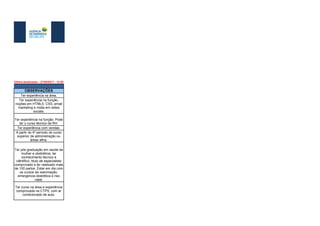 01
Última atualização - 27/09/2017 - 12:05
OBSERVAÇÕES
Ter experiência na área.
Ter experiência com vendas.
Ter experiência na função,
noções em HTML5, CSS, email
marketing e midia em redes
sociais.
Ter experiência na função. Pode
ter o curso técnico de RH.
A partir do 4º período do curso
superior de administração ou
áreas afins.
Ter pós graduação em saúde da
mulher e obstréticia, ter
conhecimento técnico e
ciêntifico, titulo de especialista
comprovado e ter realizado mais
de 100 partos. Estar em dia com
os cursos de reanimação,
emergencia obstrética e neo
natal.
Ter curso na área e experiência
comprovada na CTPS, com ar
condicionado de auto.
 