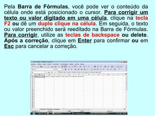 Pela  Barra de Fórmulas , você pode ver o conteúdo da célula onde está posicionado o cursor.  Para corrigir um texto ou valor digitado em uma célula , clique na  tecla F2  ou  dê um  duplo clique na célula . Em seguida, o texto ou valor preenchido será reeditado na Barra de Fórmulas.  Para corrigir , utilize as  teclas de backspace  ou   delete .  Após a correção , clique em  Enter  para confirmar  ou  em  Esc  para cancelar a correção.  