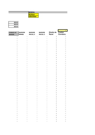 MOEDA
                              R$-Real
                              US$-Dólar


      #DIV/0!
      #DIV/0!
      #DIV/0!

                                                                                     -
CHAMADA DE       MARGEM       MARGEM          MARGEM          Direito de    Custos
MARGEM           MÍNIMA       INICIAL-V       INICIAL-C       Sacar         Corretora
             -            -               -               -             -            -
             -            -               -               -             -            -
             -            -               -               -             -            -
             -            -               -               -             -            -
             -            -               -               -             -            -
             -            -               -               -             -            -
             -            -               -               -             -            -
             -            -               -               -             -            -
             -            -               -               -             -            -
             -            -               -               -             -            -
             -            -               -               -             -            -
             -            -               -               -             -            -
             -            -               -               -             -            -
             -            -               -               -             -            -
             -            -               -               -             -            -
             -            -               -               -             -            -
             -            -               -               -             -            -
             -            -               -               -             -            -
             -            -               -               -             -            -
             -            -               -               -             -            -
             -            -               -               -             -            -
             -            -               -               -             -            -
             -            -               -               -             -            -
             -            -               -               -             -            -
             -            -               -               -             -            -
             -            -               -               -             -            -
             -            -               -               -             -            -
             -            -               -               -             -            -
             -            -               -               -             -            -
             -            -               -               -             -            -
             -            -               -               -             -            -
             -            -               -               -             -            -
             -            -               -               -             -            -
             -            -               -               -             -            -
             -            -               -               -             -            -
             -            -               -               -             -            -
             -            -               -               -             -            -
             -            -               -               -             -            -
             -            -               -               -             -            -
             -            -               -               -             -            -
             -            -               -               -             -            -
             -            -               -               -             -            -
             -            -               -               -             -            -
             -            -               -               -             -            -
             -            -               -               -             -            -
 