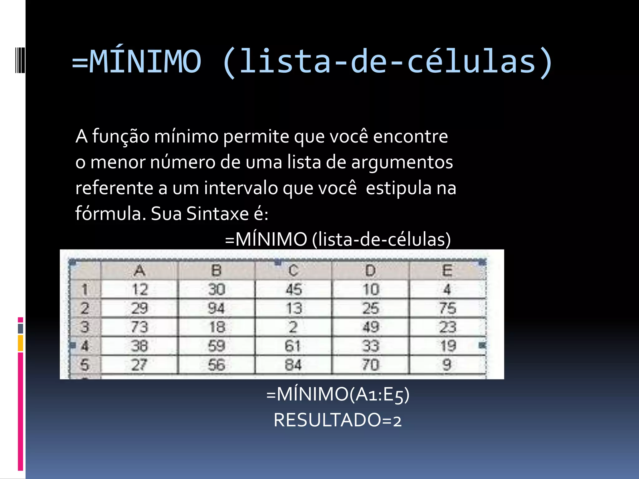=MÍNIMO (lista-de-células)
A função mínimo permite que você encontre
o menor número de uma lista de argumentos
referente a um intervalo que você estipula na
fórmula. Sua Sintaxe é:
=MÍNIMO (lista-de-células)
=MÍNIMO(A1:E5)
RESULTADO=2
 