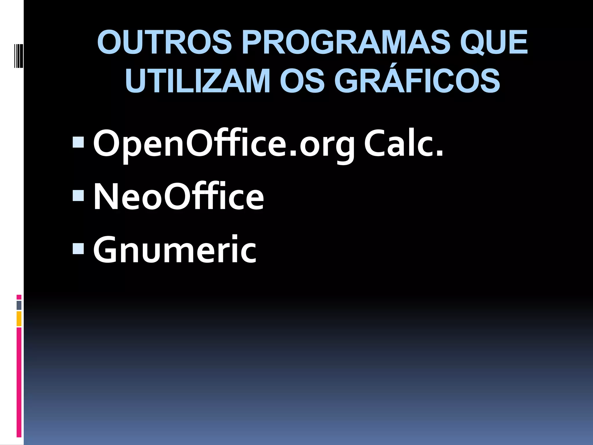 OUTROS PROGRAMAS QUE
UTILIZAM OS GRÁFICOS
OpenOffice.org Calc.
NeoOffice
Gnumeric
 