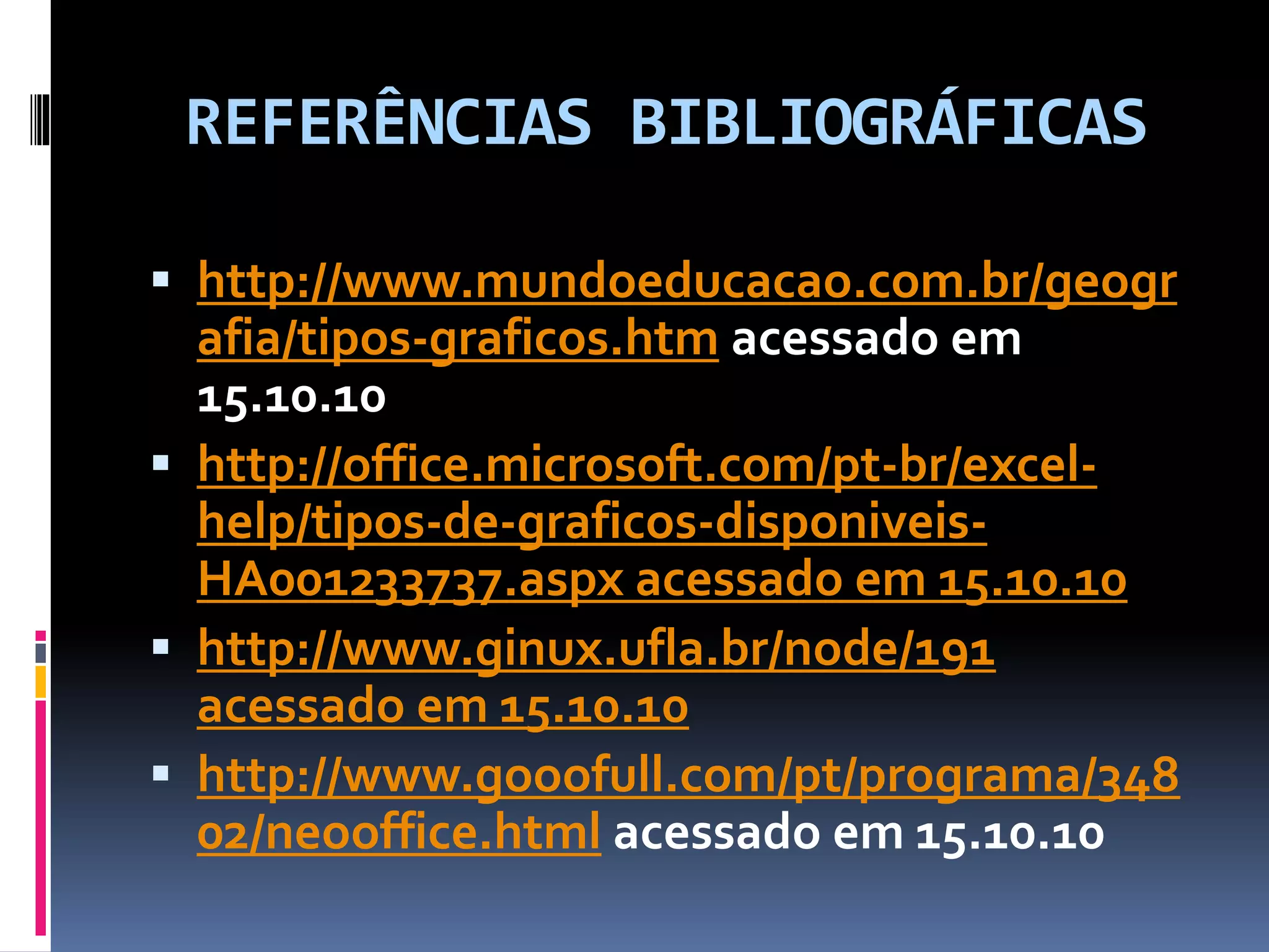 REFERÊNCIAS BIBLIOGRÁFICAS
 http://www.mundoeducacao.com.br/geogr
afia/tipos-graficos.htm acessado em
15.10.10
 http://office.microsoft.com/pt-br/excel-
help/tipos-de-graficos-disponiveis-
HA001233737.aspx acessado em 15.10.10
 http://www.ginux.ufla.br/node/191
acessado em 15.10.10
 http://www.gooofull.com/pt/programa/348
02/neooffice.html acessado em 15.10.10
 