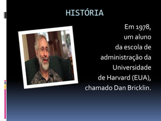 HISTÓRIA
Em 1978,
um aluno
da escola de
administração da
Universidade
de Harvard (EUA),
chamado Dan Bricklin.
 
